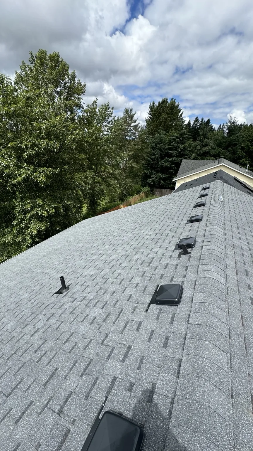 Completed multifamily property roof with clean shingle installation