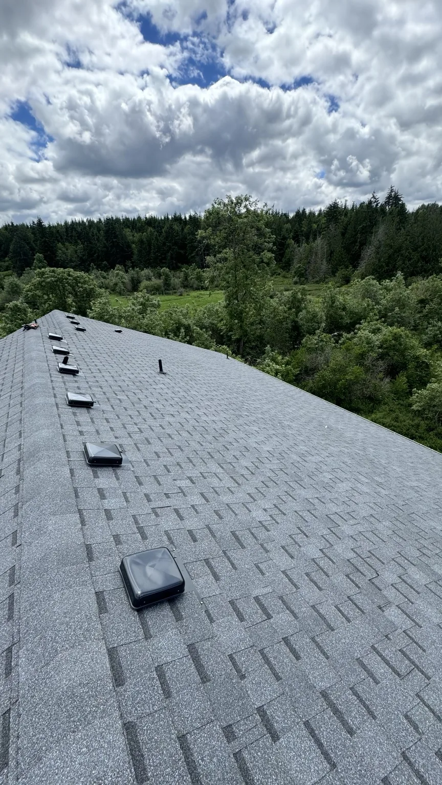 Finished roof slope with vents and architectural shingles