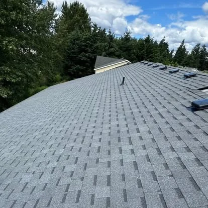 Finished gray shingle roof on a residential property